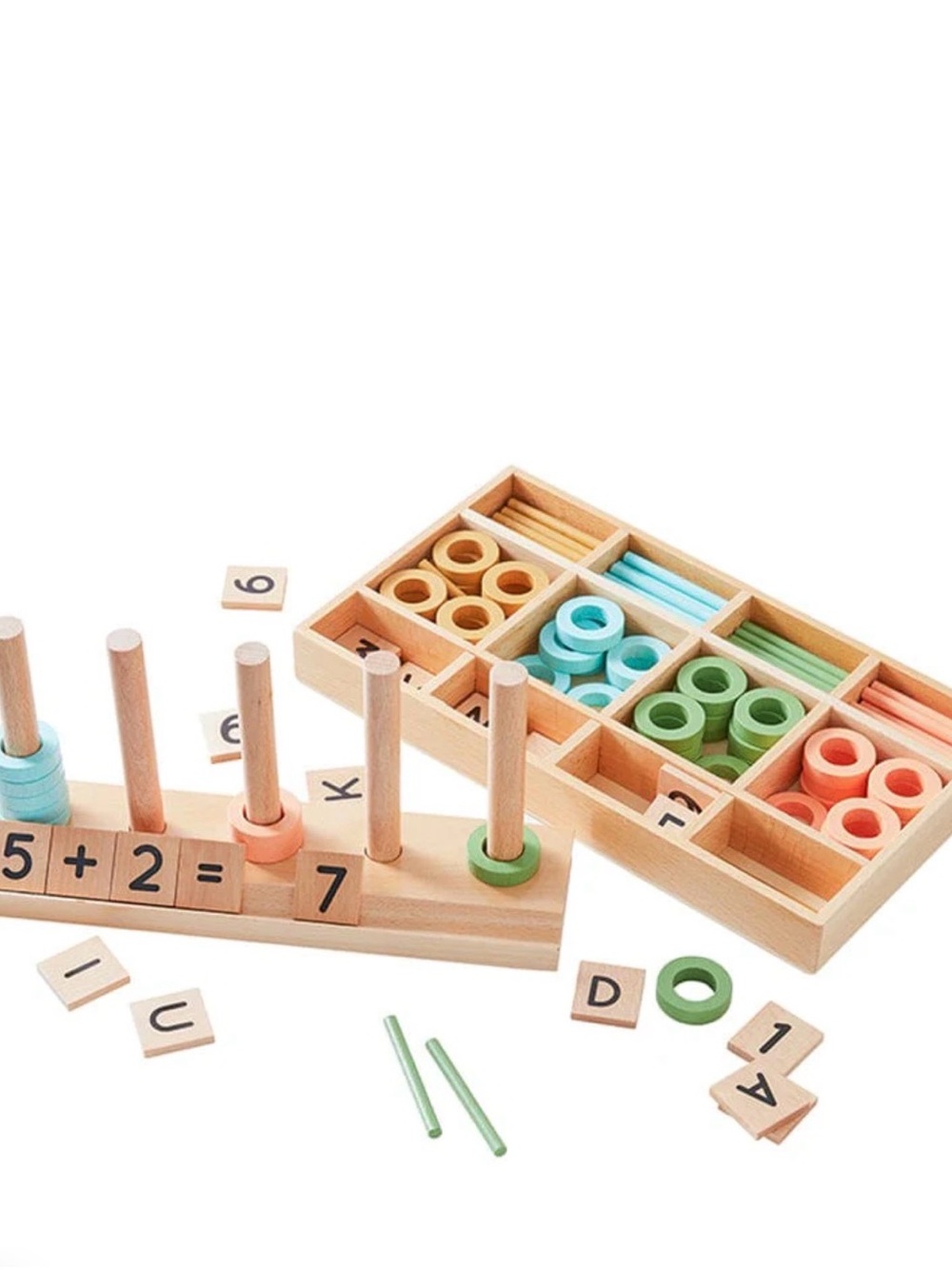 Wooden Counting Ring Set in Pastel Blue, Green, Orange, and Cream